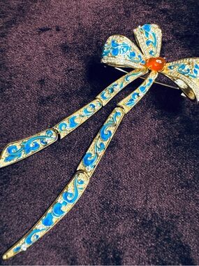 Enamel Bow Brooch with Orange Cabochon and Blue Accents